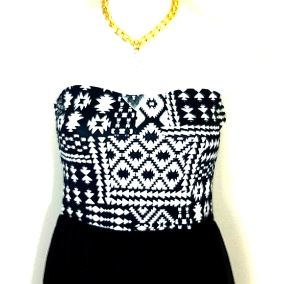 Shirred Dress strapless tube Midi high low Western geometric black white Boho - Picture 2 of 8